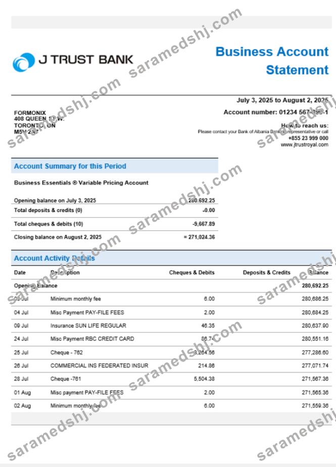 J Trust Royal business bank company statement Word and PDF format